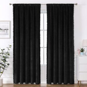 Black Pompom Velvet Curtains 2.7" Rod Pocket 56x84>1 set=2. panels, 5 sets avail